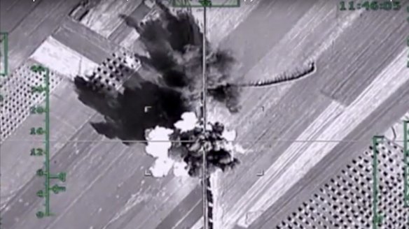 The Russian Defence Ministry says a line of heavy trucks carrying ammunition was hit by a Russian air strike near Aleppo on February 1.