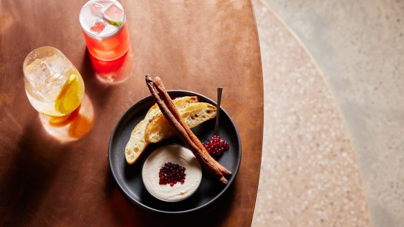 Matt Wilkinson is in charge of bar snacks such as taramasalata with Yarra Valley Bloody Shiraz Gin caviar and gin salt pretzel.