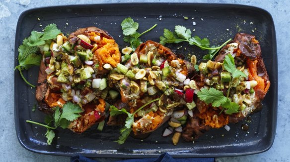 Roasted sweet potato with tamarind, peanut and lime make a hearty vegetarian main course.