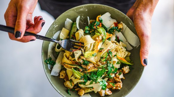 Prawn pasta, heavy on the herbs, with 'pretend fancy sauce' and optional zucchini flowers.