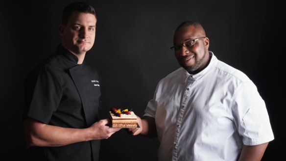 Black Star Head Pastry Chef Remco Brigou  and Koko Black Head Chocolatier Arnaud Vodounou with their creation, Theobrama: Food of the Gods.