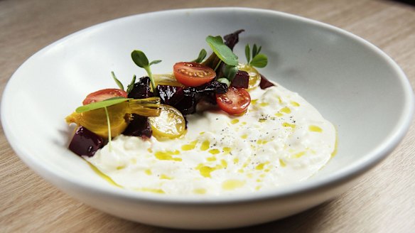 Stracciatella with beets and tomatoes at Kindred, Darlington, in Sydney.