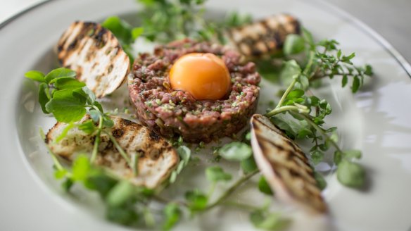 Massi beef tartare with sauce gribiche, capers and croutons.
