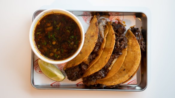 Taco fillings include 24-hour marinated, four-hour slow-cooked beef.