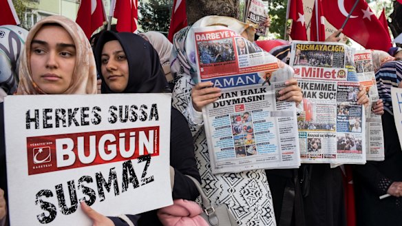 Supporters of the Koza-Ipek media group demonstrate for press freedom  in Istanbul, Turkey.