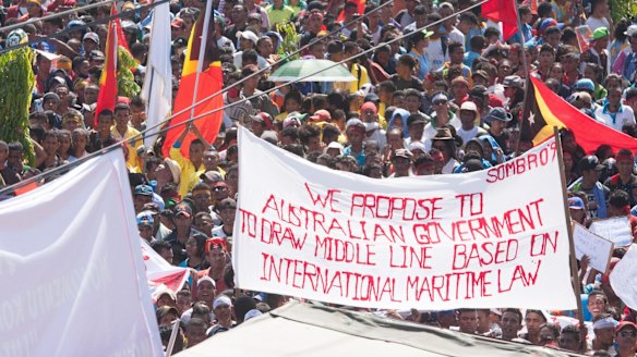 At least 10,000 people protest in Dili last year against Australia's stance on the oil and gas meridian line in the Timor Sea. 