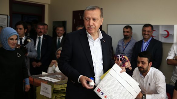 Recep Tayyip Erdogan at a polling station in Istanbul on Sunday.