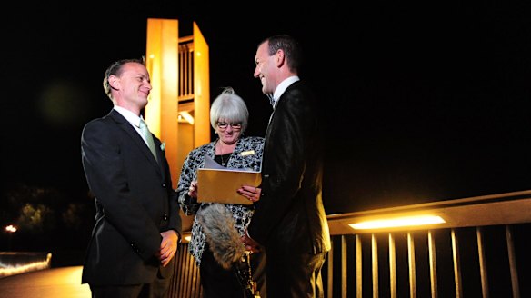 Four years later: Joel Player and Alan Wright marry on December 7 2013.