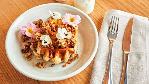 Waffles, cinnamon sugar, lemon curd, and honey nut clusters at Robert Gordon Kitchen, Pakenham.