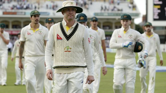 Michael Clarke leads a sorry Australian team off the field at Trent Bridge.