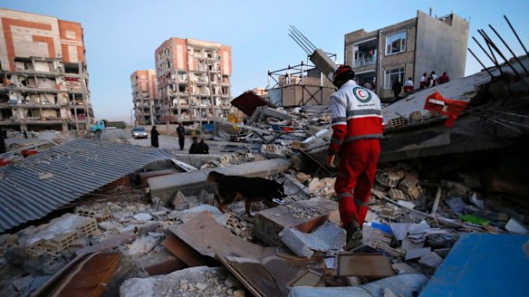 A rescue worker searches debris for survivors with his sniffing dog.