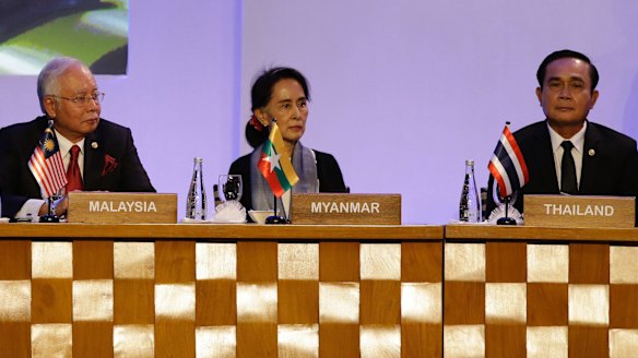 Malaysian Prime Minister Najib Razak, Myanmar State Counsellor Aung San Suu Kyi and Thai Prime Minister Prayuth Chan-ocha at the summit.