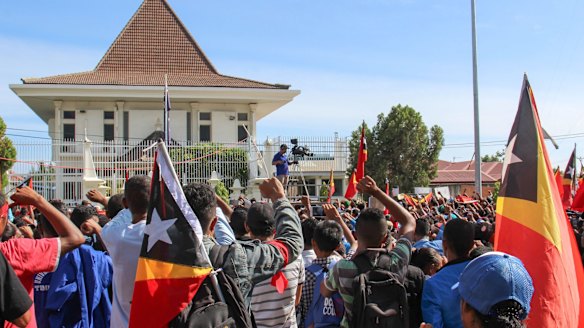 Thousands joined the protests outside the Australian embassy. 