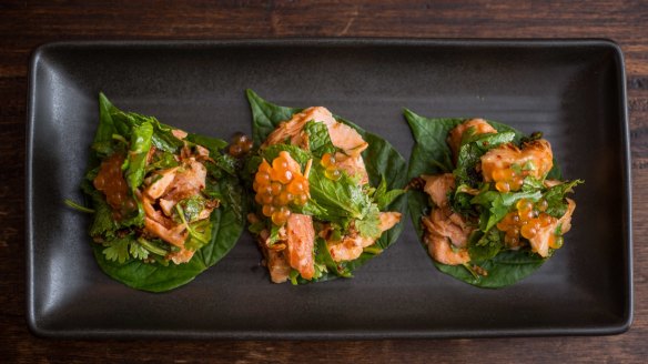 Harrietville smoked trout and salmon roe on betel leaf at the Empire Hotel, Beechworth. 