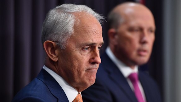 Prime Minister Malcolm Turnbull and Minister for Immigration Peter Dutton at a press conference in Canberra on Monday.
