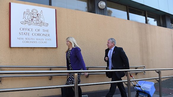 Parents Faye and Mark Leveson arrive at the Glebe Coroners Court.