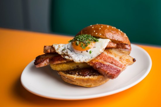 Matinee's breakfast burger with thick bourbon bacon.