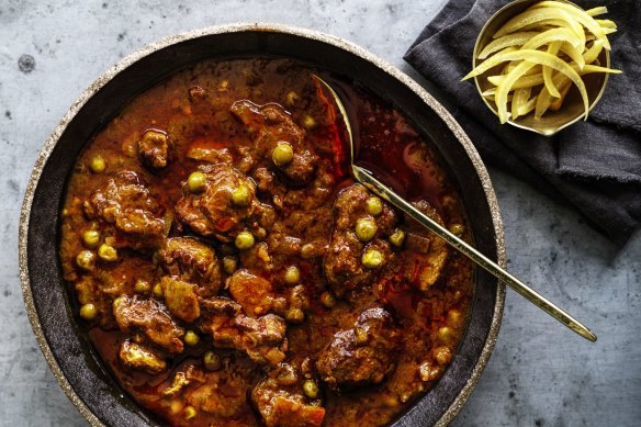 Neil Perry's braised lamb, peas and dried dried lime.