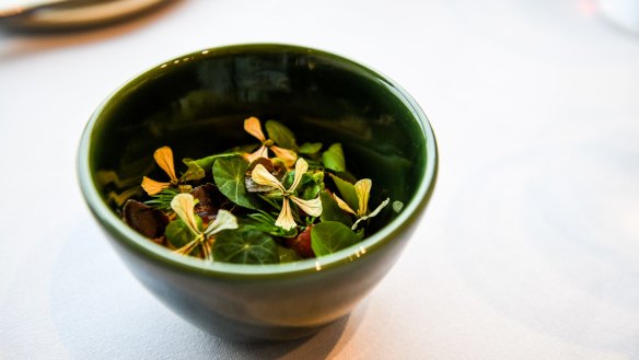 Simon Tarlington's surf and turf stars pickled mussels, cured wagyu and uni custard.