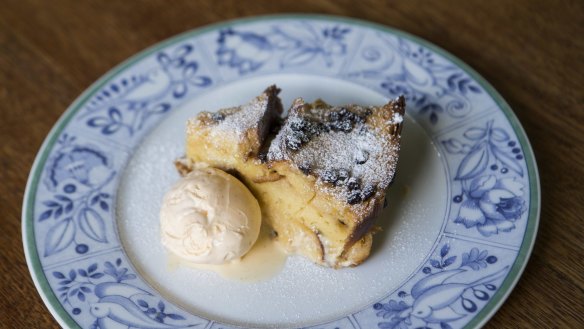 Bread and butter pudding with vanilla ice-cream.