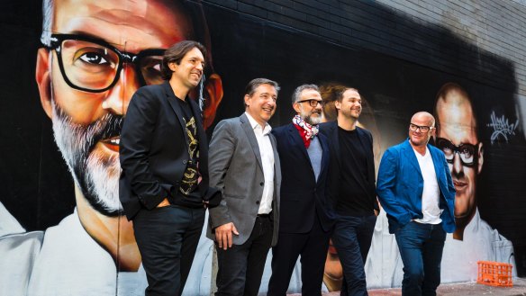 Heston (right) with top chefs (from left) Ben Shewry, Joan Roca, Massimo Bottura and Daniel Humm before the World's 50 Best awards in Melbourne. 
