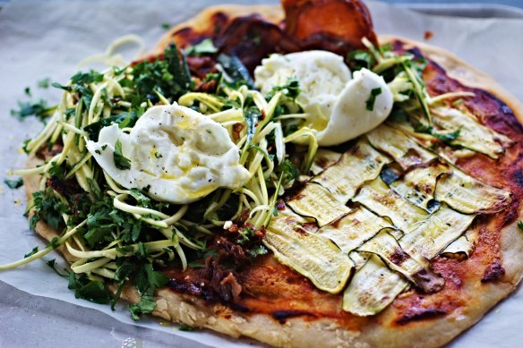 Tasty trio: Zucchini, crispy pancetta and torn buffalo mozzarella.