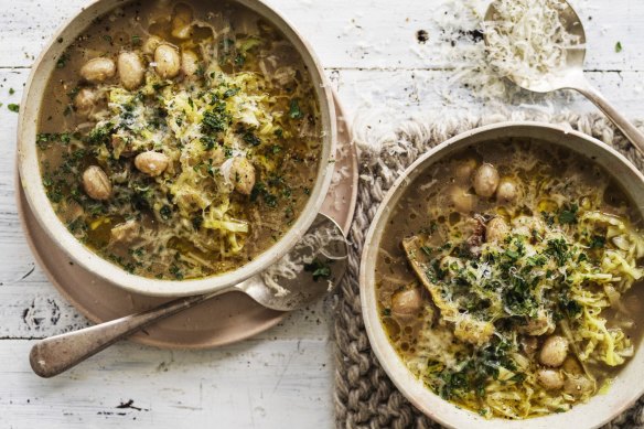 Hearty winter vegetable soup with borlotti beans and porcini mushrooms.