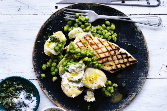 Barbecued blue-eye with tarragon tartare sauce with crushed green peas and boiled new potatoes. 