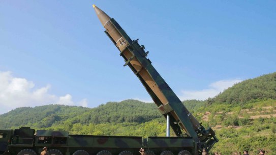 A file photo of what North Korea says was the launch of a Hwasong-14 intercontinental ballistic missile in early July.
