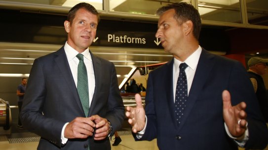 NSW Premier Mike Baird, left, and Transport Minister Andrew Constance at Martin Place Station on Wednesday.