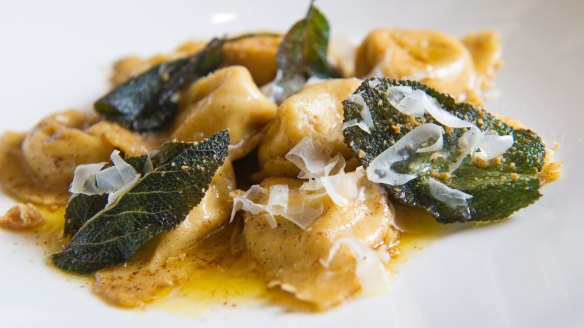 Tortellini di zucca: Pumpkin pasta parcels with burnt butter and crisp sage leaves.