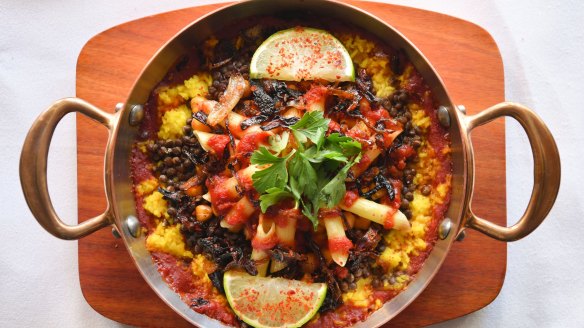 Koshari - lentil, macaroni and rice bake - at Pharaoh restaurant in Northcote.