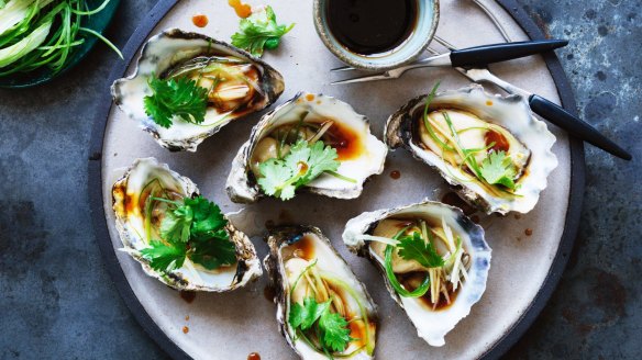 Cantonese flavour combo: Steamed oysters with ginger, spring onion and coriander. 