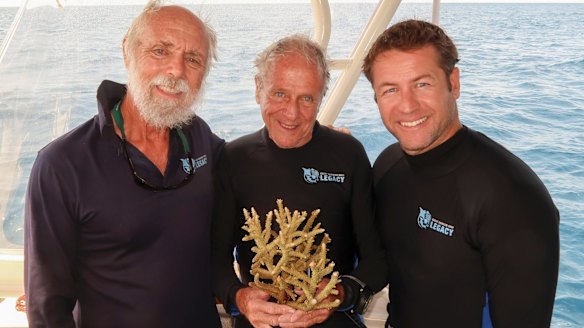 Sea mission: (from left) John Rumney, Managing Director of GBR Legacy, Dr Charlie Veron with new coral species, and Dr Dean Miller, Director of Science and Media GBR Legacy.