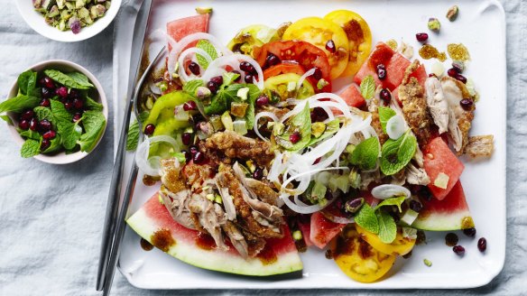 Crispy confit duck salad with gin-pickled watermelon.