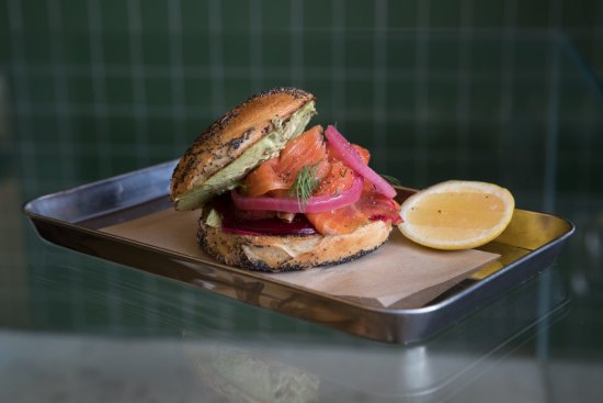 House-made bagel filled with smoked salmon, cream cheese, pickled beet and red onion.