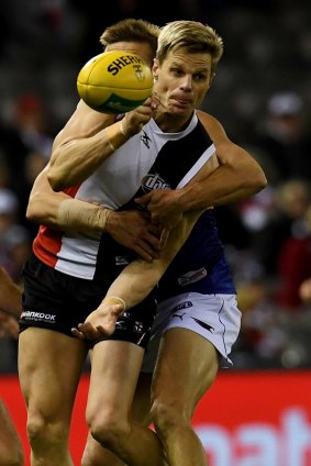 Wrapped up: Nick Riewoldt under pressure against the Eagles.