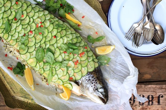 Fab fish: With its dramatic cucumber 'scales', this is no ordinary salmon.