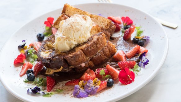 French toast sandwiched with strawberry cheesecake served with toasted coconut ice-cream.