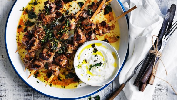 Neil Perry recipe : Lemon and oregano lamb skewers with cucumber yoghurt.