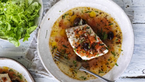 Stewed blue-eye trevalla with tomato and black olives.