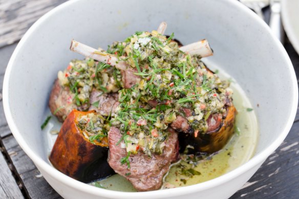 Barbecued lamb and pumpkin topped with a parsley, coriander and shallot salsa.