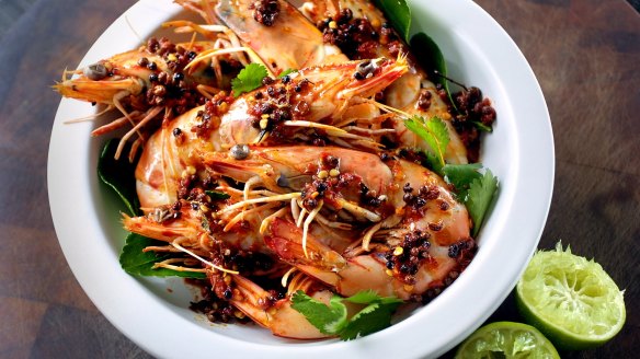 Spicy stir-fried prawns.