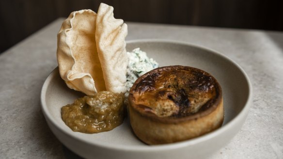 Wagyu beef curry pie with pappadums, apricot chutney and tzatziki.