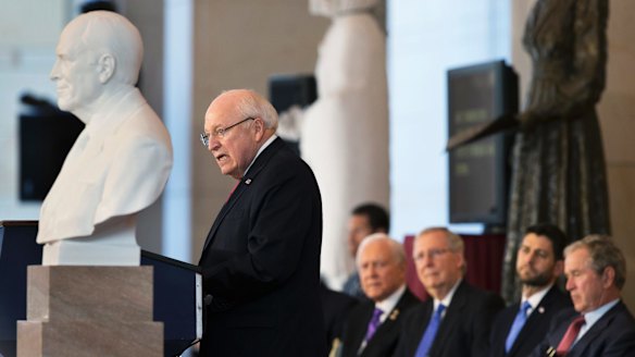 Former vice-president Dick Cheney in 2015, during the unveiling of his marble bust. From left, listening are Utah Senator Orrin Hatch, Kentucky Senator Mitch McConnell, House Speaker Paul Ryan and former president George W. Bush.
