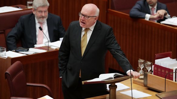 Attorney-General George Brandis attacks Pauline Hanson for wearing the burqa in the Senate.