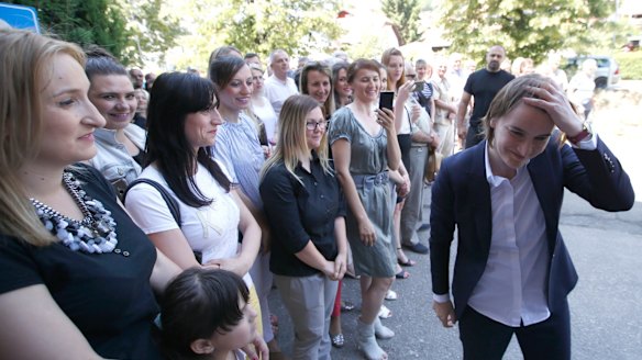 Ana Brnabic, right, nominated as the prime minister-designate,  arrives at the municipality building in Vrnjacka Banja, Serbia on Friday.