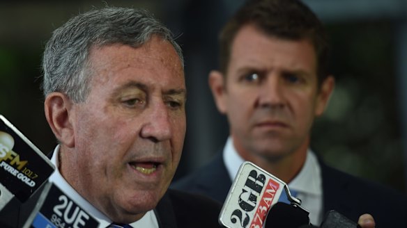 Duncan Gay and Premier Mike Baird at a press conference about road improvements in southern Sydney.
