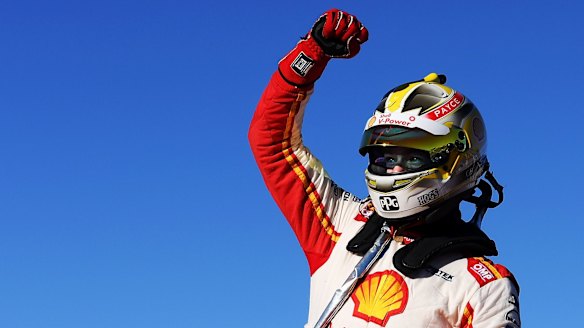Scott McLaughlin celebrates after winning race 8 for the Perth SuperSprint at Barbagallo Raceway 