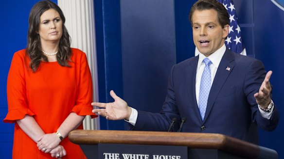Anthony Scaramucci, director of communications for the White House, right, speaks as Sarah Huckabee Sanders, new White House press secretary listens on Friday.